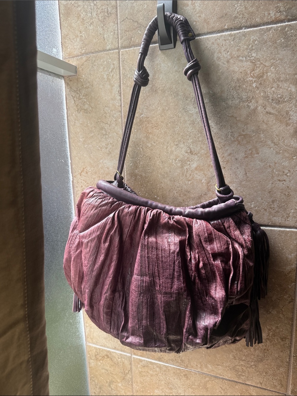 Anthropologie Lucky Penny Leather Hobo Bag Eggplant Pleated Striated Retro Boho